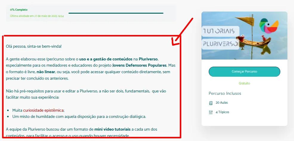 Editando a Página principal do (per)Curso 16 Área de descrição de um percurso